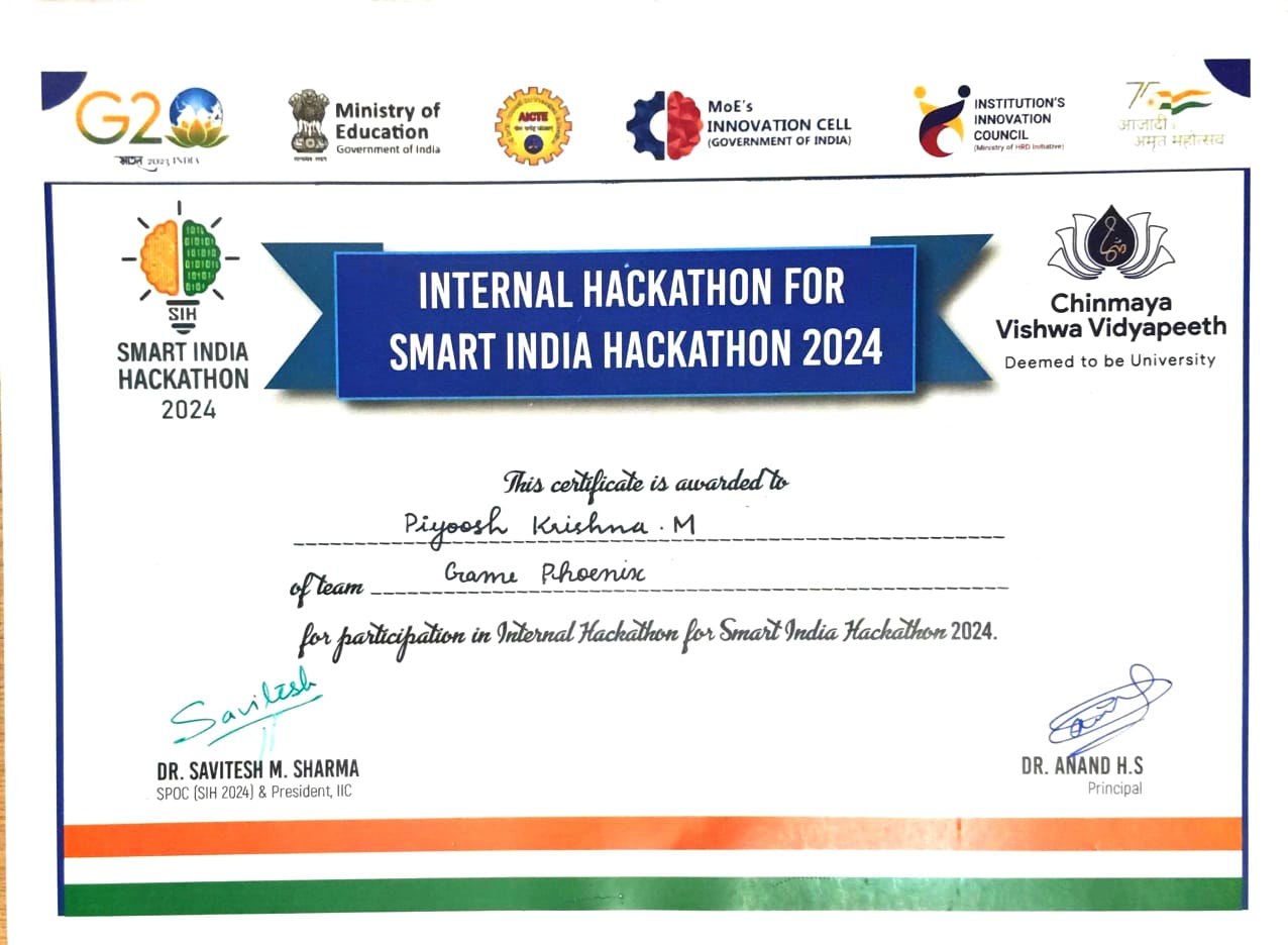 Smart India Hackathon 2024 internal hackathon certificate