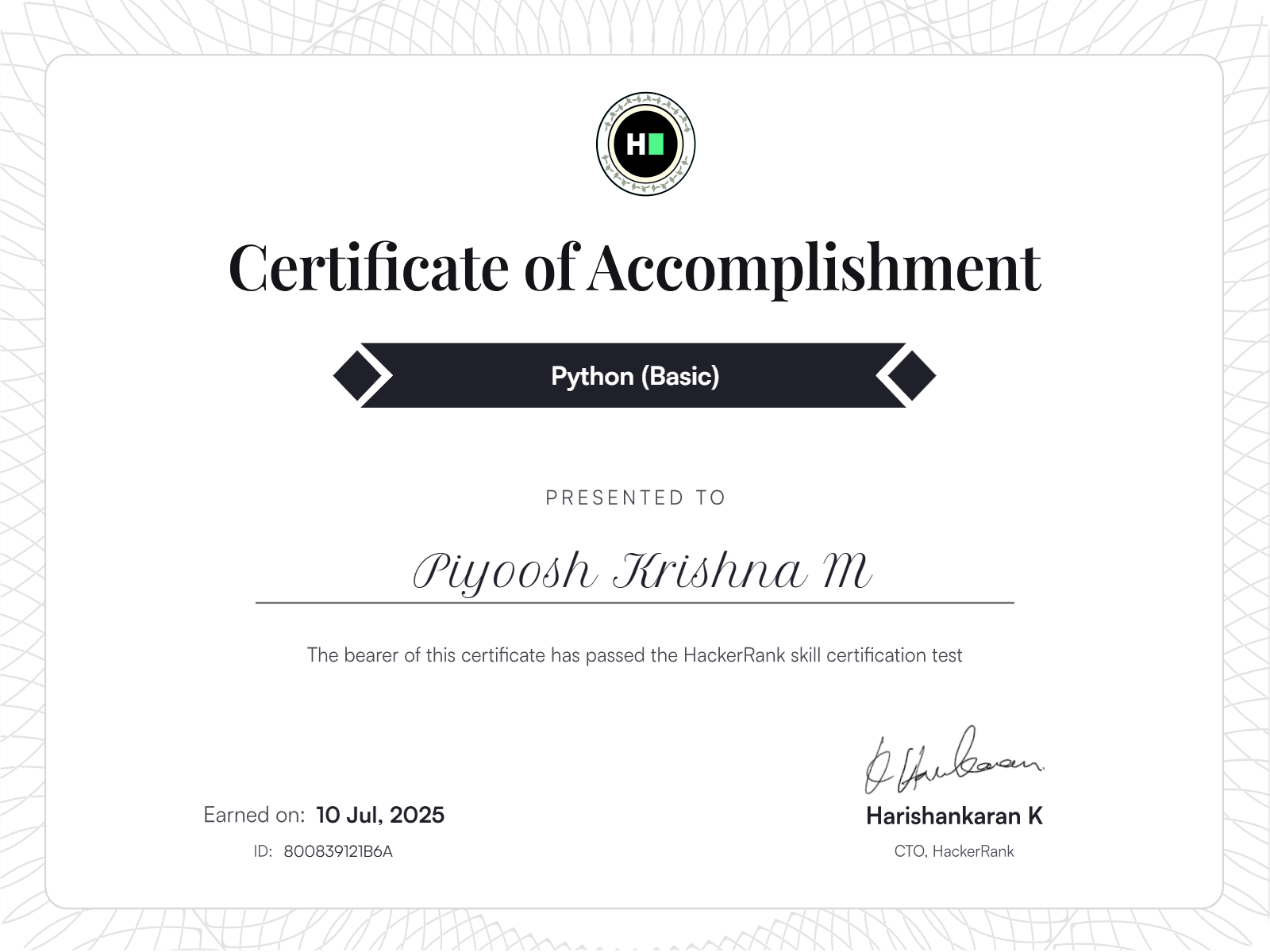 HackerRank Python Basic certificate